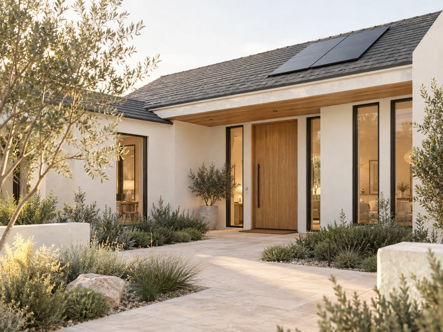 Architectural concept of a welcoming home with rooftop solar, a sheltered entrance, and large windows.
