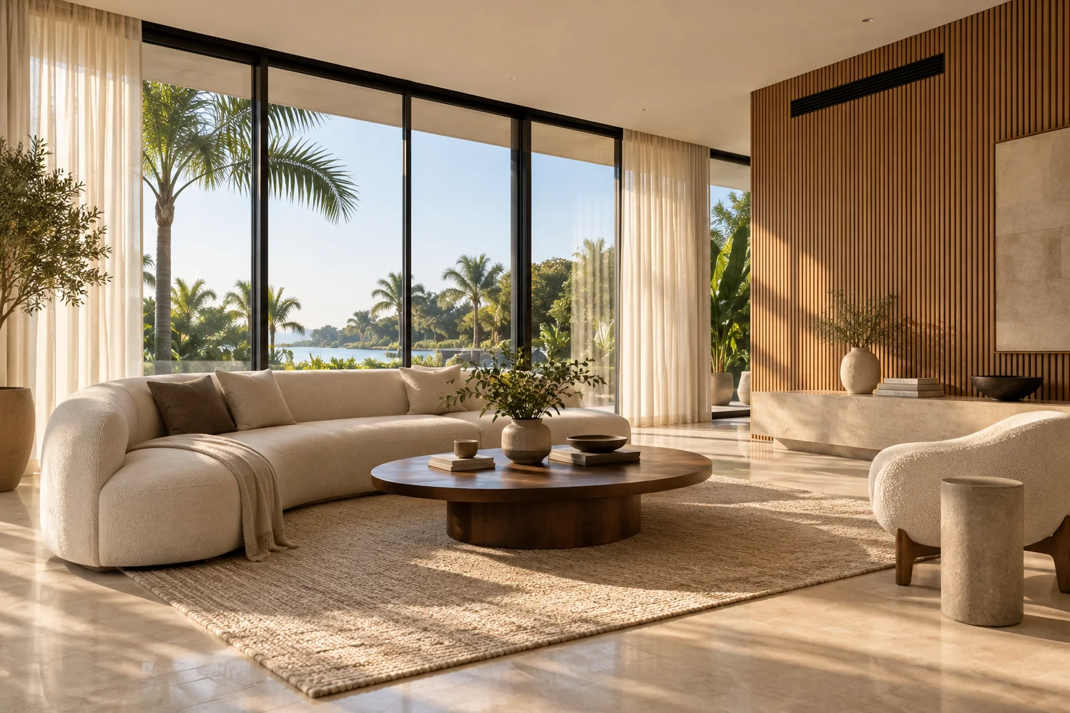Architectural concept of a sunlit living room with closed glazing, warm oak finishes and a discreet ceiling-level air vent.