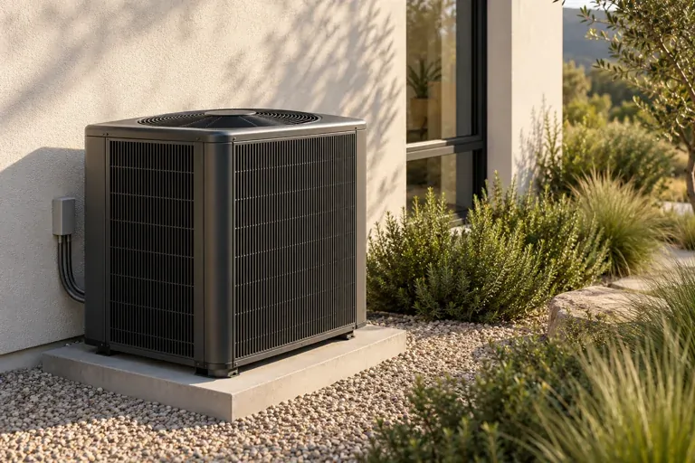 Architectural concept of a modern outdoor heat pump beside a home.