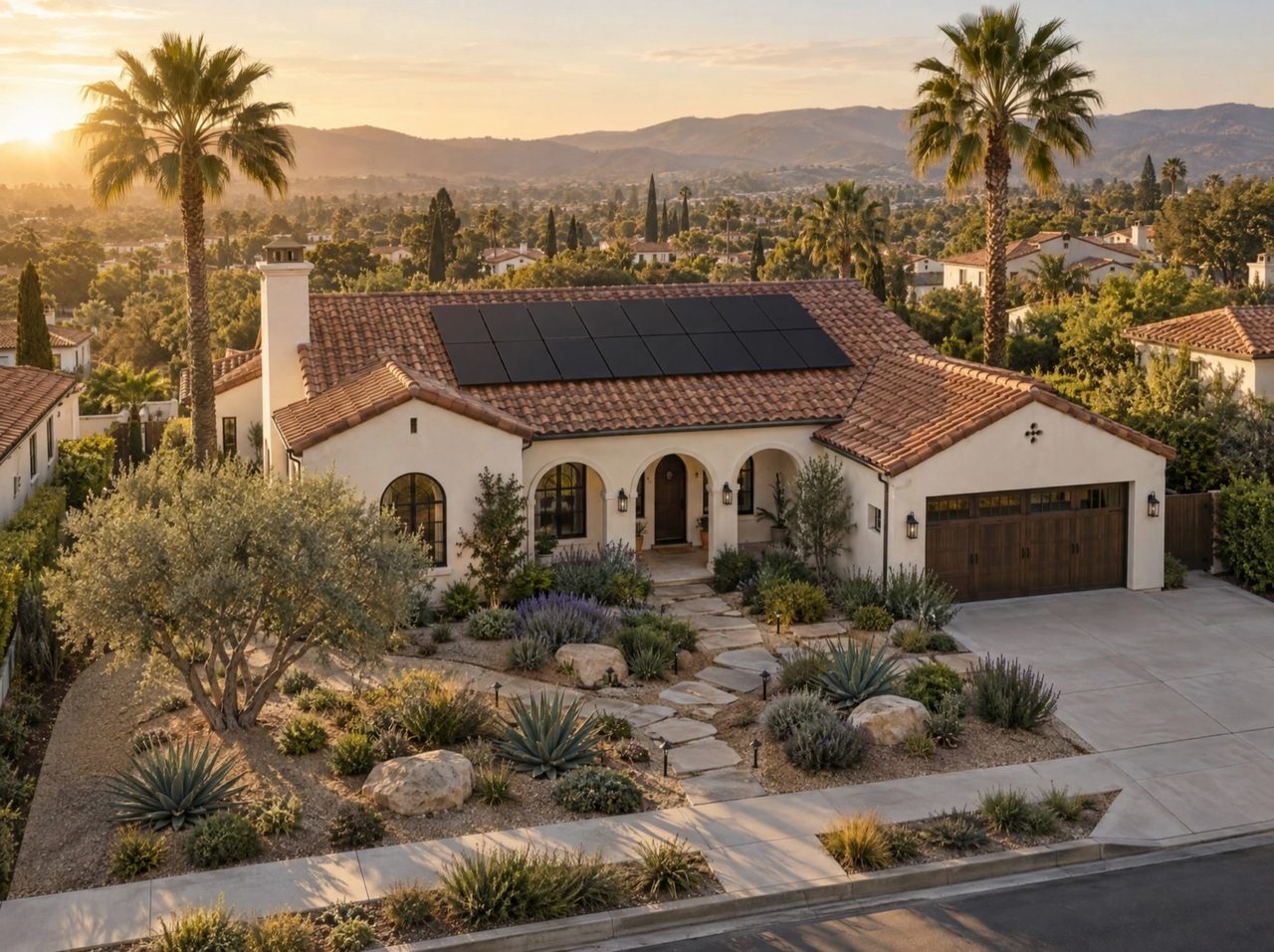 Spanish-style California home with a black solar array on a terracotta tile roof, fan palms, an olive tree and a drought-tolerant garden at sunset.