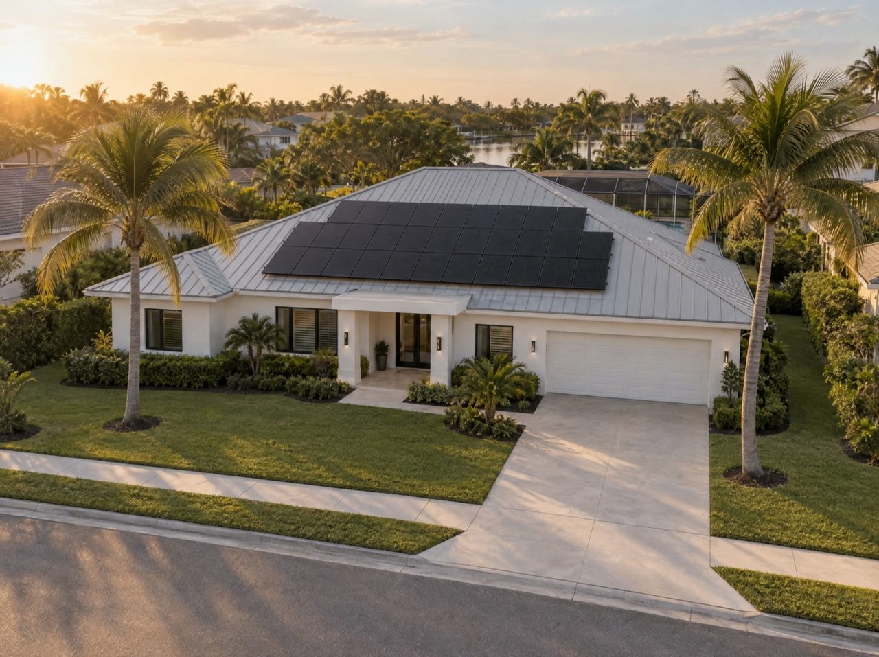 Single-story South Florida home with a black solar array on a light-grey standing-seam metal roof, coconut palms and a landscaped front yard at sunset.