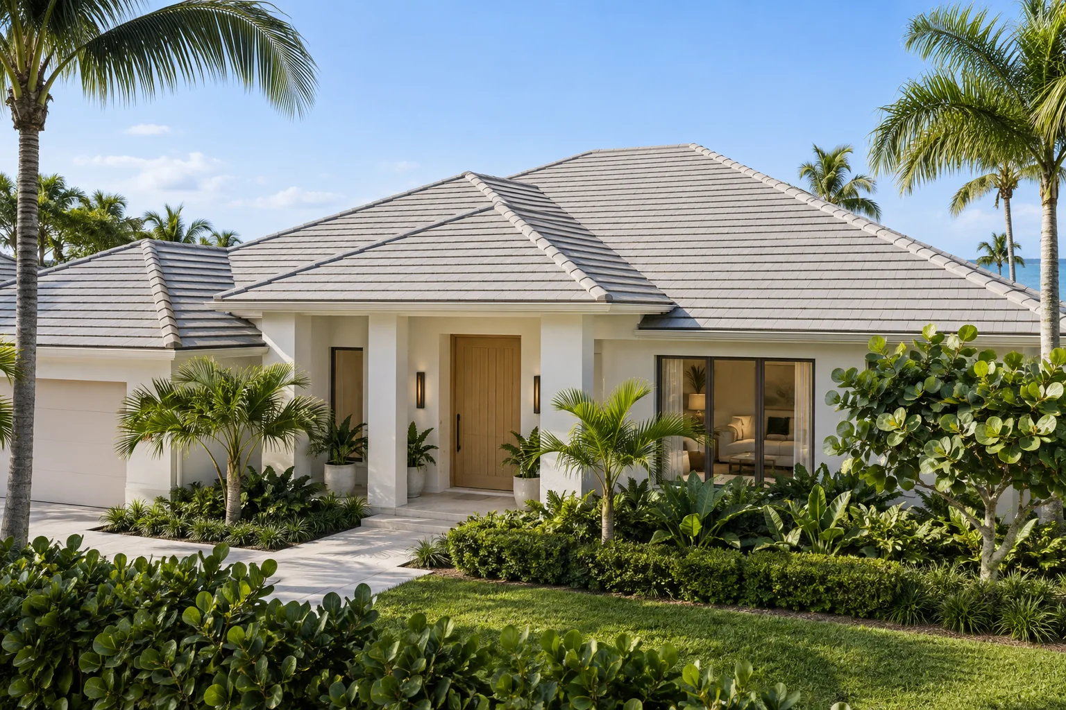 Architectural concept of a Florida home with a pale tile hip roof, white stucco and lush tropical landscaping.