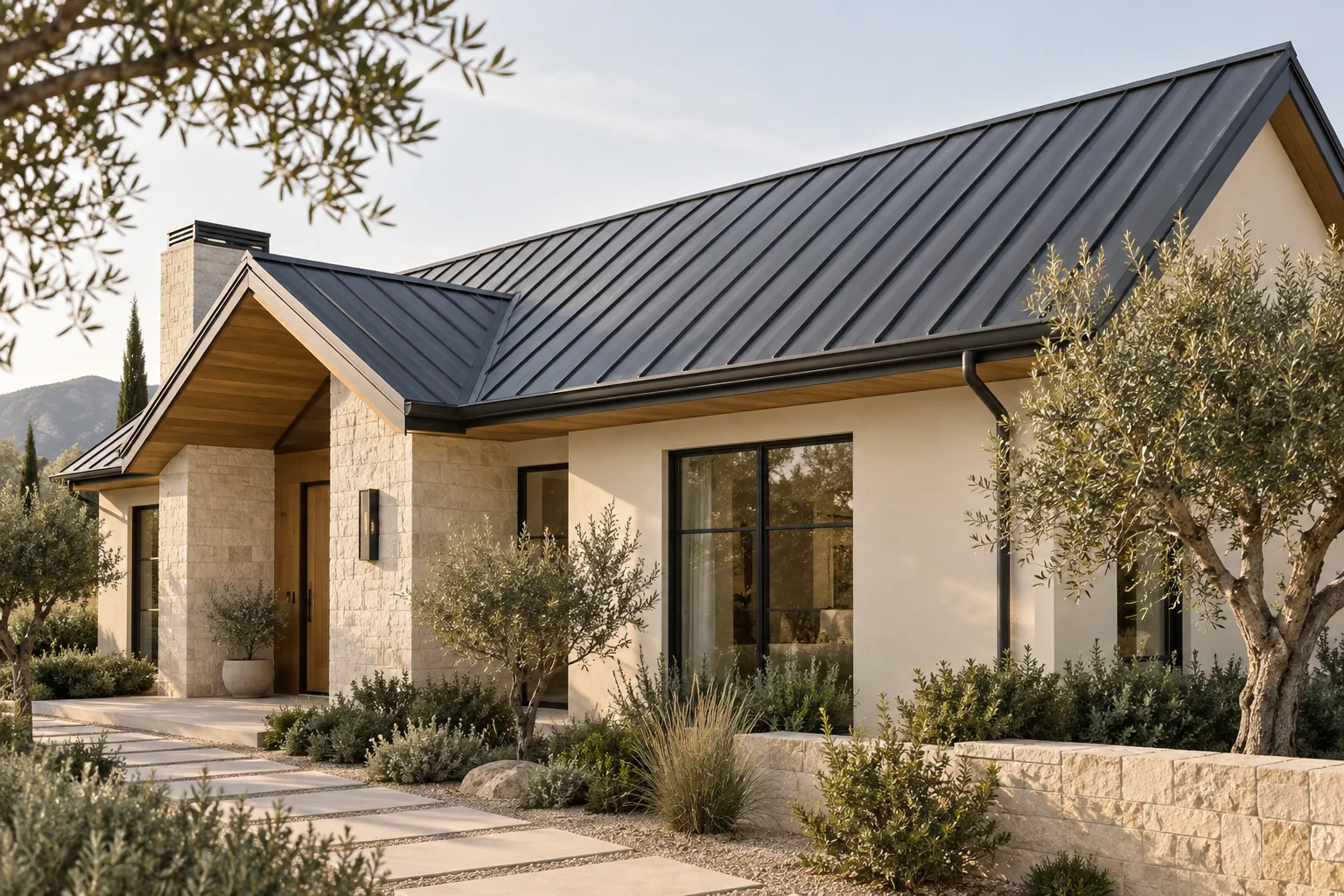 Architectural concept of a cream stone home with a charcoal standing-seam metal roof and warm wood eaves.