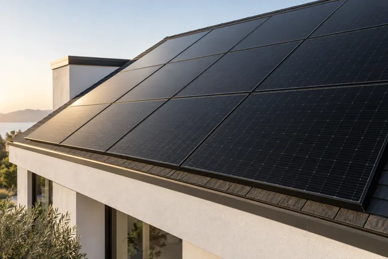 Architectural concept showing the surface and alignment of rooftop solar panels.