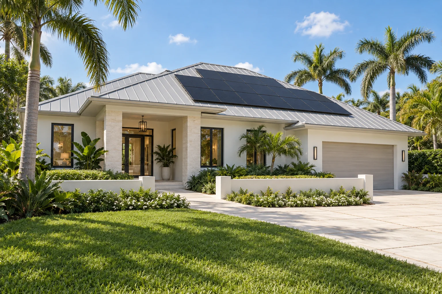 Architectural concept of a Florida home with rooftop solar panels in warm afternoon light.