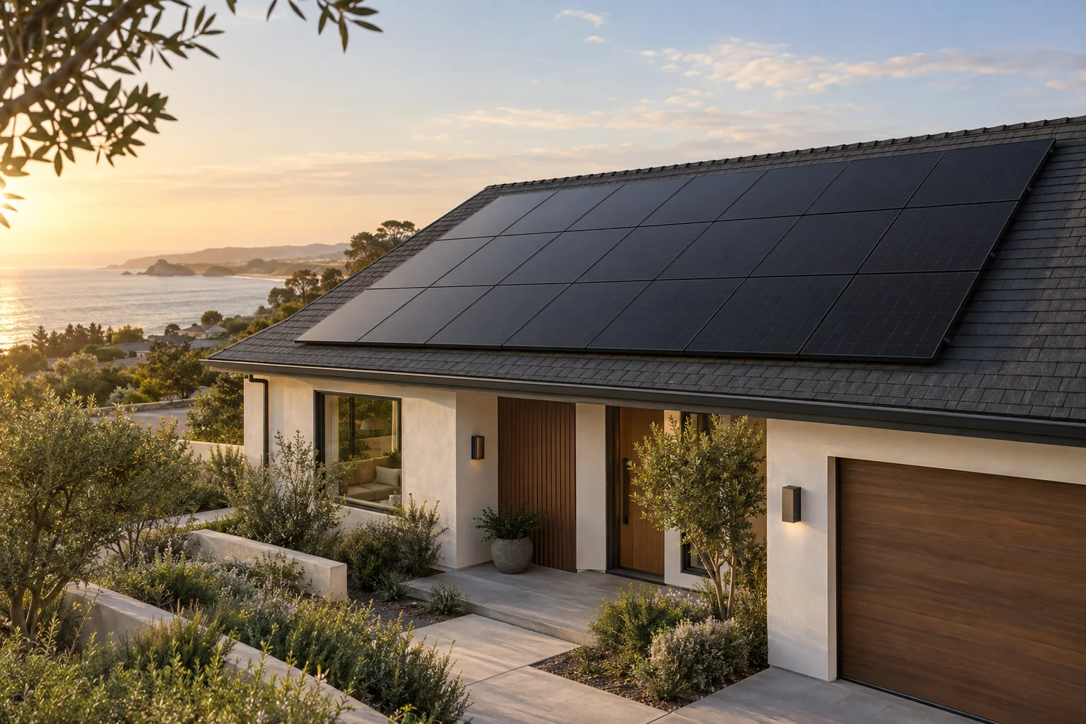 Architectural concept of a Florida home with rooftop solar panels in warm afternoon light.