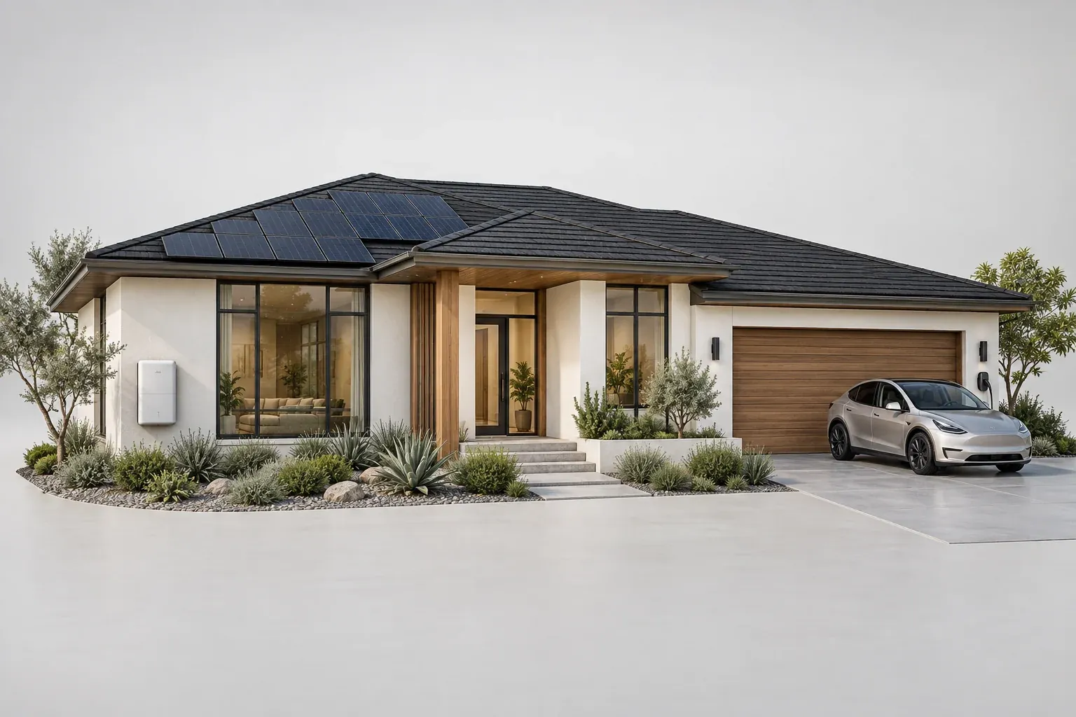 Architectural concept of a modern home with rooftop solar and a landscaped front yard in daylight.