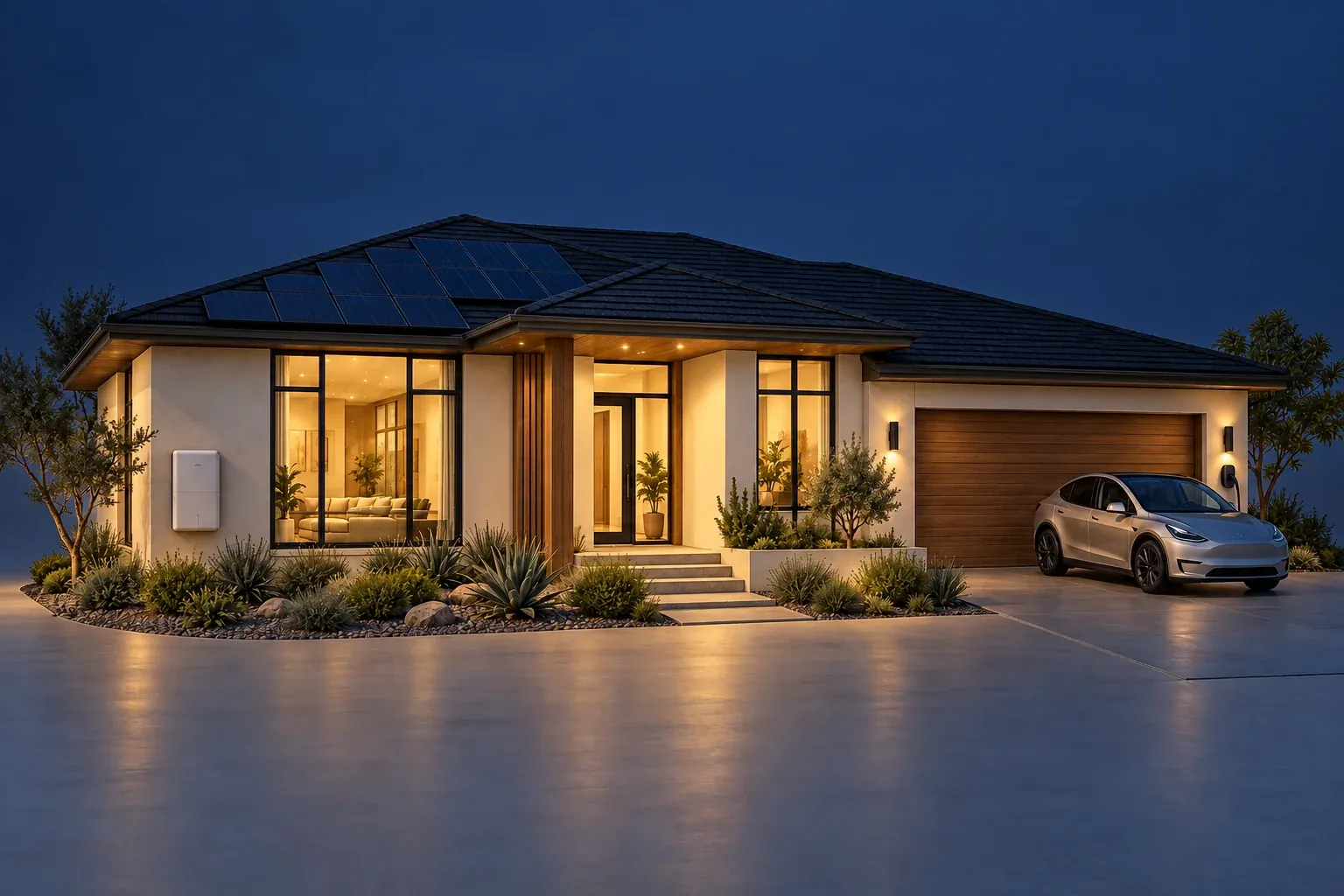 Architectural concept of a home at night with rooftop solar, a wall-mounted battery and an electric vehicle charging in the driveway.