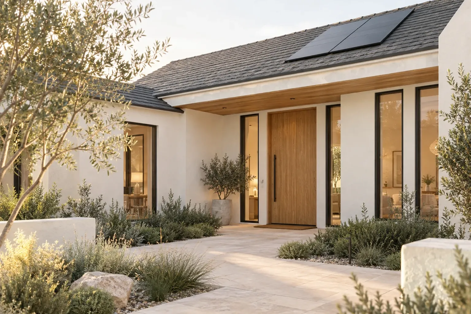 Architectural concept of a welcoming modern home with solar panels, tall windows, natural wood and landscaped planting.