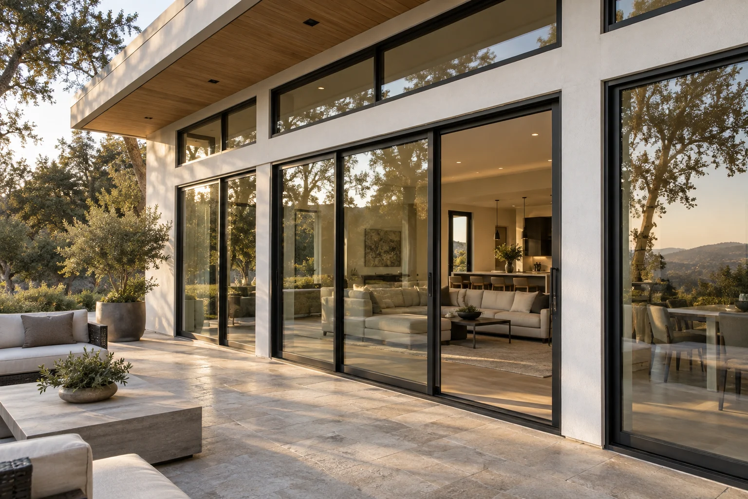Architectural concept showing black-framed sliding glass doors and windows opening onto a patio.