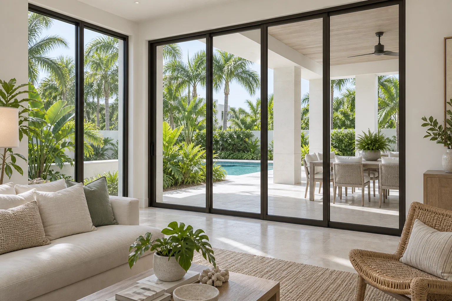Architectural concept of closed windows and sliding glass doors connecting a bright Florida living room to a palm-filled lanai and pool.