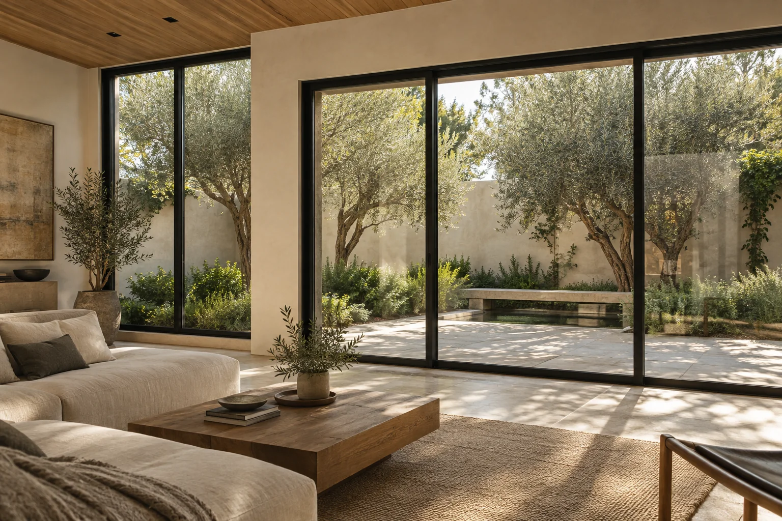 Architectural concept of closed black-framed windows and sliding glass doors overlooking a green courtyard from a warm living room.